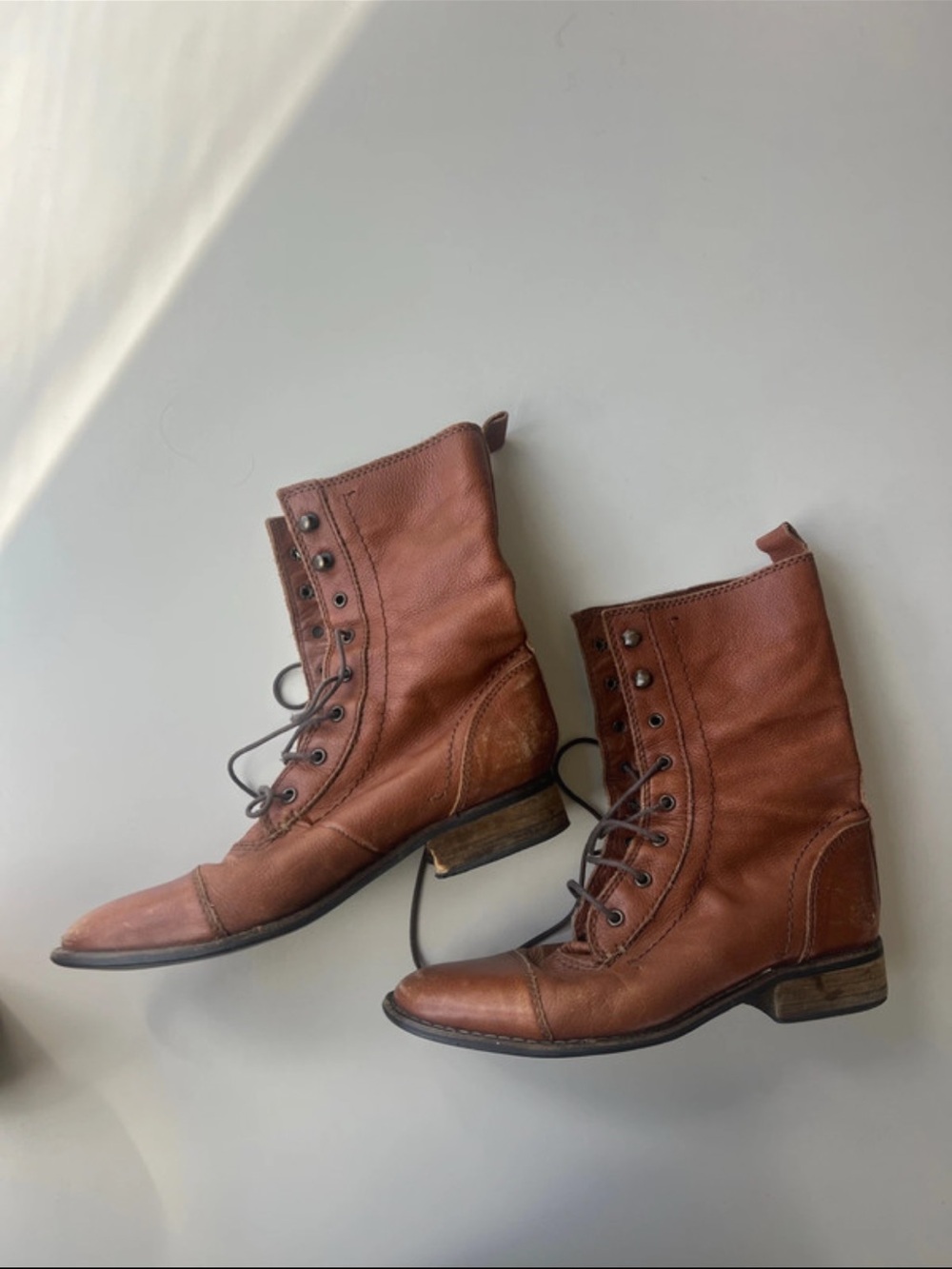Cognac Lace-Up Leather Ankle Boots
